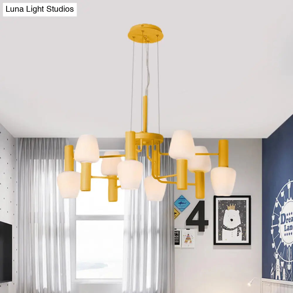 Macaron Pink/Yellow/Blue Lounge Ceiling Chandelier With 8 Bulbs And Milk Glass Up/Down Bottle Shades