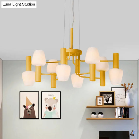 Macaron Pink/Yellow/Blue Lounge Chandelier With Milk Glass Shades - 8 Bulbs Hanging Lamp