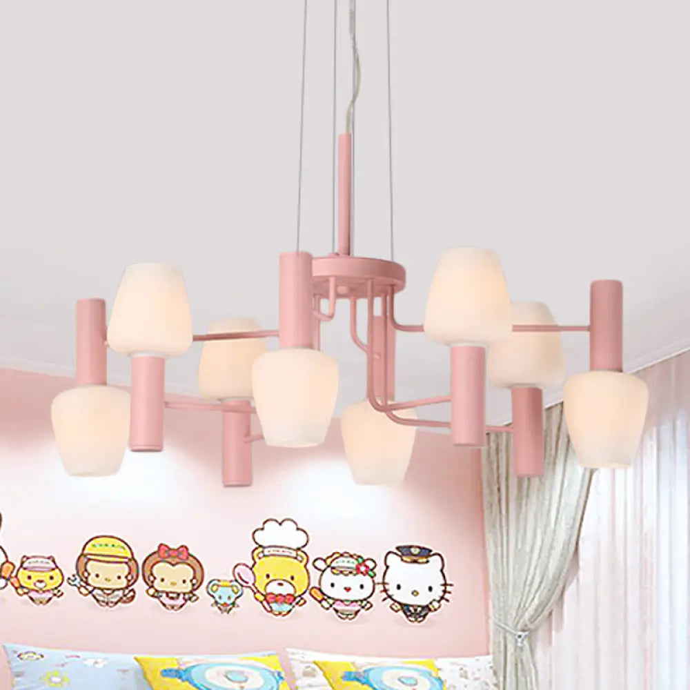 Macaron Pink/Yellow/Blue Lounge Chandelier With Milk Glass Shades - 8 Bulbs Hanging Lamp Pink