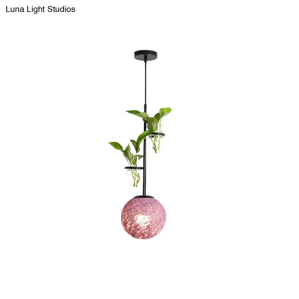 Macaron Rattan Globe Pendant Light With Plant Pot - Beige/Red/Pink