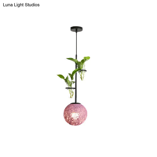 Macaron Rattan Globe Pendant Light With Plant Pot - Beige/Red/Pink