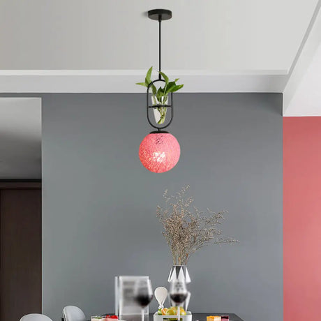 Macaron Rattan Globe Pendant Light With Plant Pot - Beige/Red/Pink Pink
