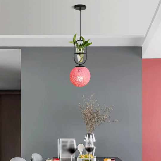 Macaron Rattan Globe Pendant Light With Plant Pot - Beige/Red/Pink Pink