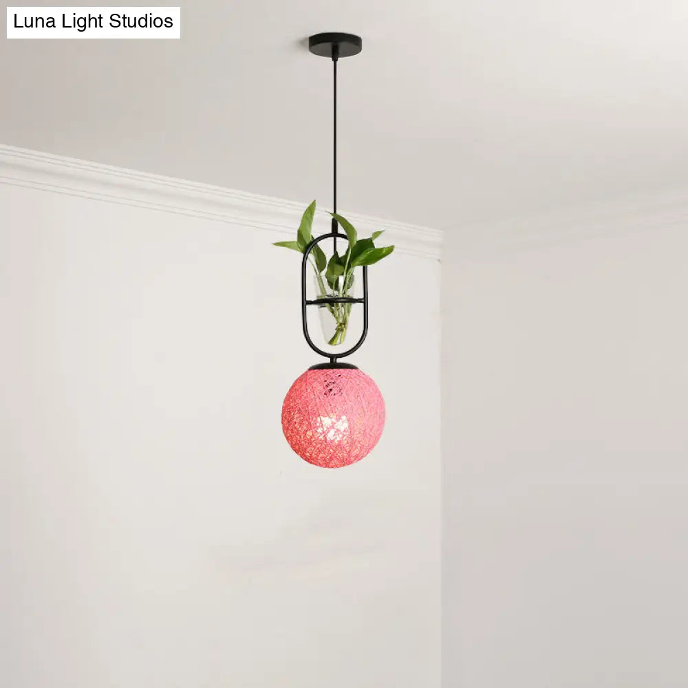 Macaron 1-Head Rattan Hanging Ceiling Light In Beige/Red/Pink With Plant Pot - Kitchen Pendant