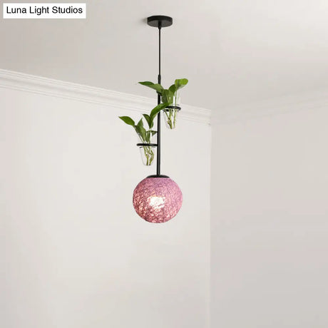 Macaron Rattan Globe Pendant Light With Plant Pot - Beige/Red/Pink