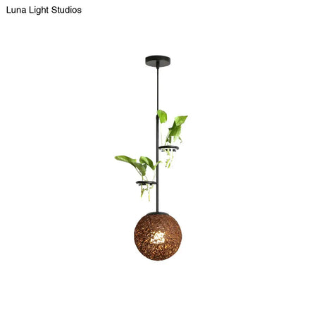 Macaron Rattan Globe Pendant Light With Plant Pot - Beige/Red/Pink