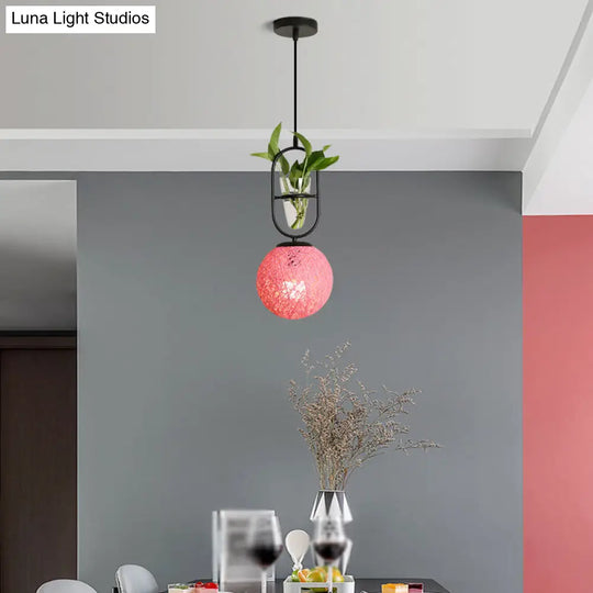 Macaron 1-Head Rattan Hanging Ceiling Light In Beige/Red/Pink With Plant Pot - Kitchen Pendant Pink