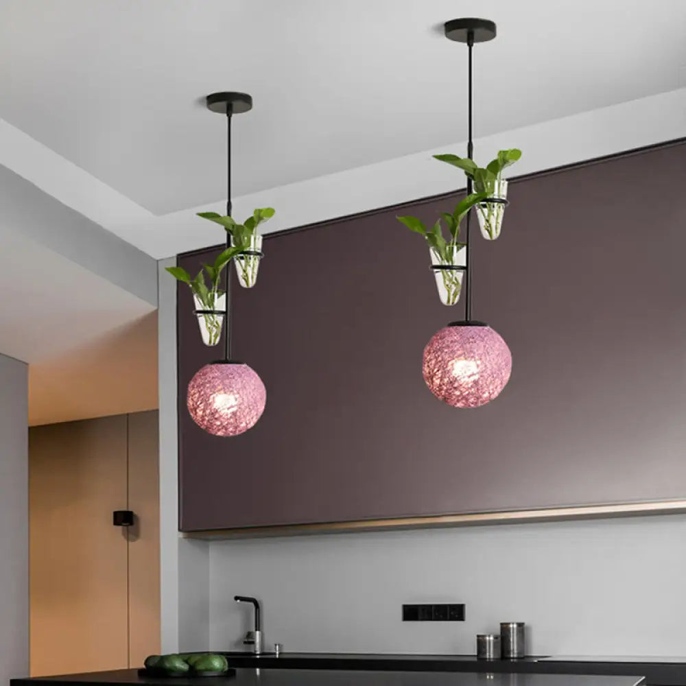 Macaron Rattan Globe Pendant Light With Plant Pot - Beige/Red/Pink Purple