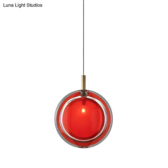 Macaron Red Glass Hanging Lamp: Sleek Round Pendant For Bedroom Includes 1 Light - Easy Installation