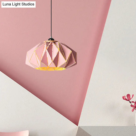 Macaron Restaurant Pendant Lamp With Laser Cut Iron Shade In Grey/Pink/Blue