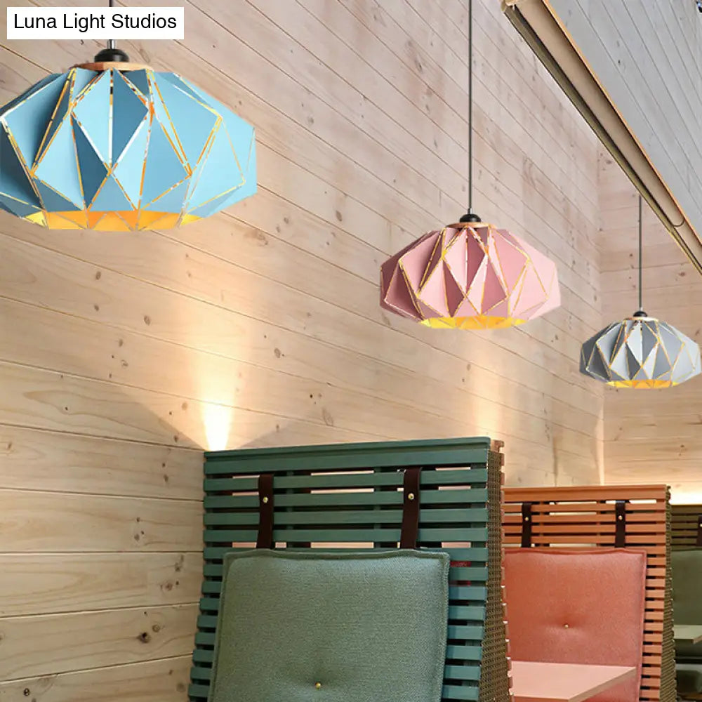 Macaron Restaurant Pendant Lamp With Laser Cut Iron Shade In Grey/Pink/Blue