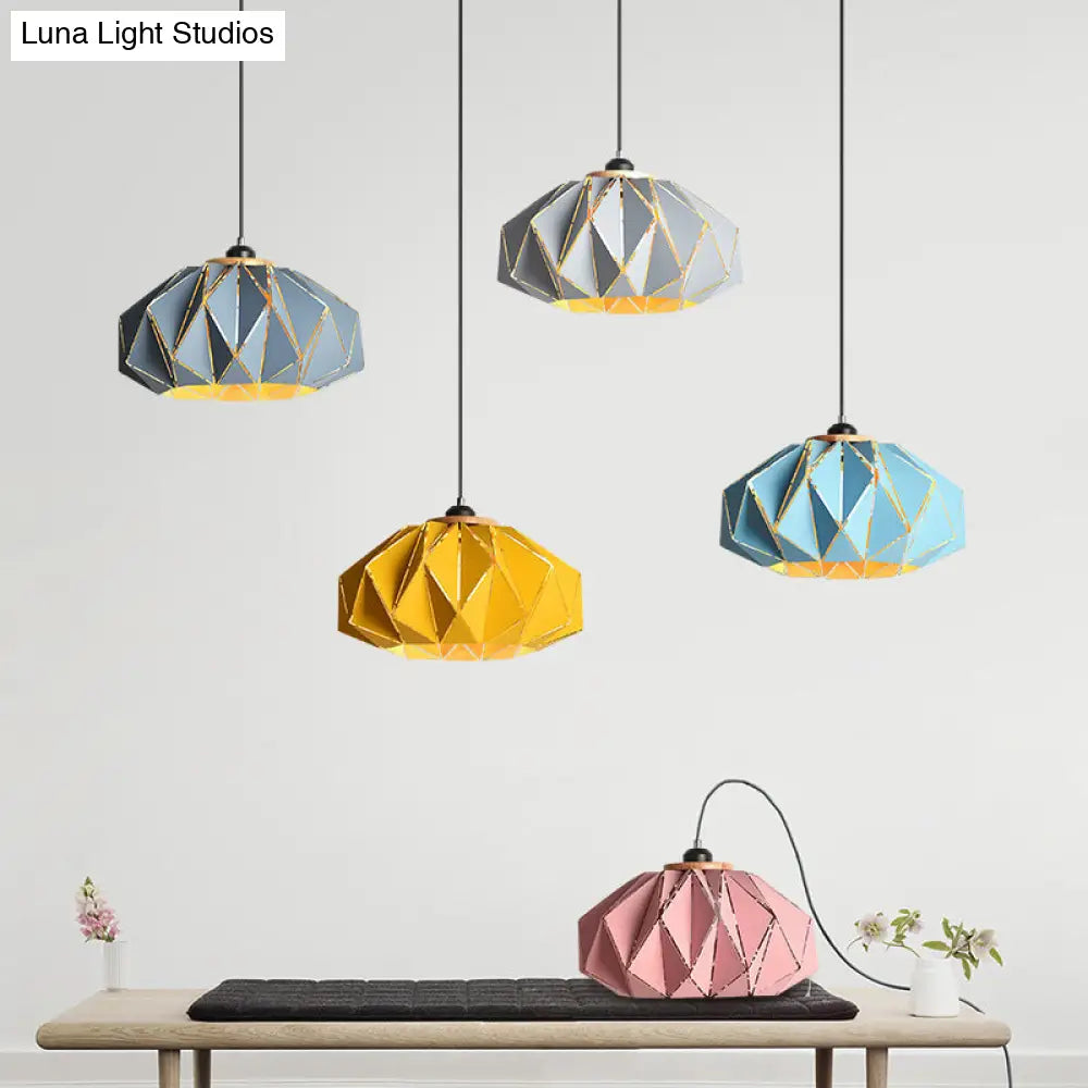 Macaron Restaurant Pendant Lamp With Laser Cut Iron Shade In Grey/Pink/Blue