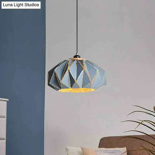 Macaron Restaurant Pendant Lamp With Laser Cut Iron Shade In Grey/Pink/Blue