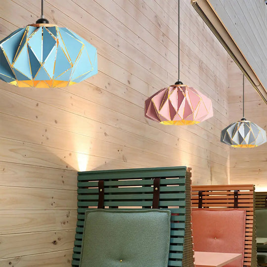 Macaron Restaurant Pendant Lamp With Laser Cut Iron Shade In Grey/Pink/Blue Blue