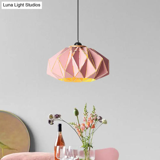 Macaron Restaurant Pendant Lamp With Laser Cut Iron Shade In Grey/Pink/Blue