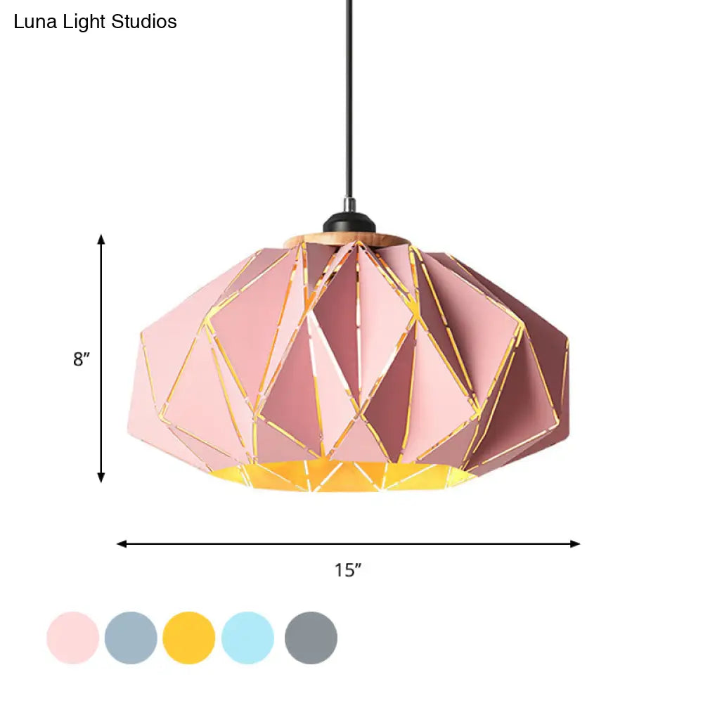 Macaron Restaurant Pendant Lamp With Laser Cut Iron Shade In Grey/Pink/Blue