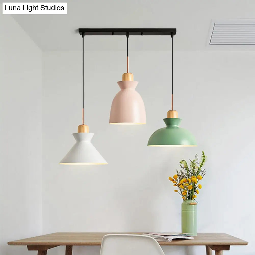 Macaron Round/Linear Metal Pendant Light With Shade - 3 Bulbs Pink/Black Hanging Lamp Fixture