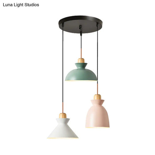 Macaron Round/Linear Metal Pendant Light With Shade - 3 Bulbs Pink/Black Hanging Lamp Fixture