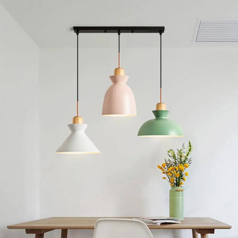 Macaron Round/Linear Metal Pendant Light With Shade - 3 Bulbs Pink/Black Hanging Lamp Fixture Pink /