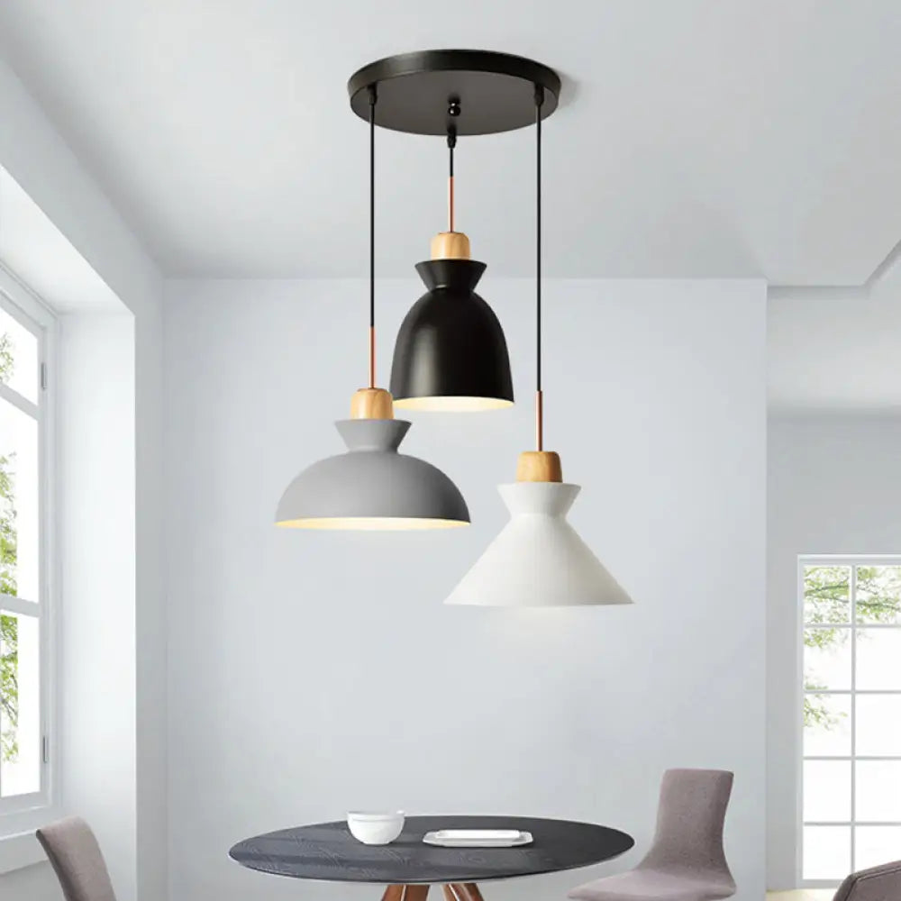 Macaron Round/Linear Metal Pendant Light With Shade - 3 Bulbs Pink/Black Hanging Lamp Fixture Black