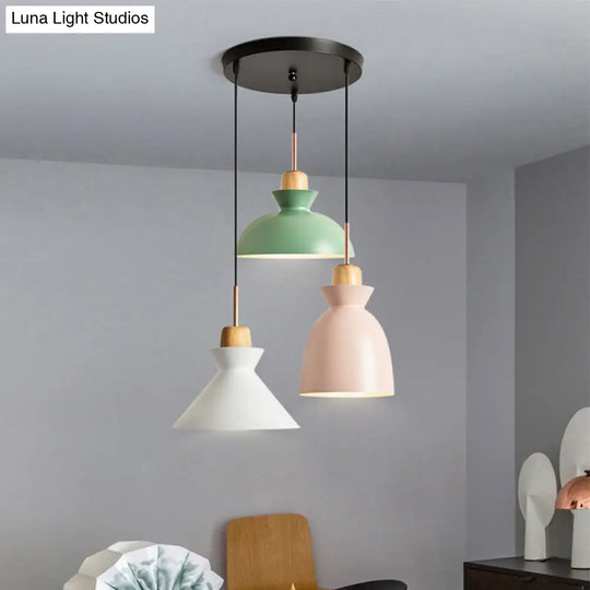 Macaron Round/Linear Metal Pendant Light With Shade - 3 Bulbs Pink/Black Hanging Lamp Fixture