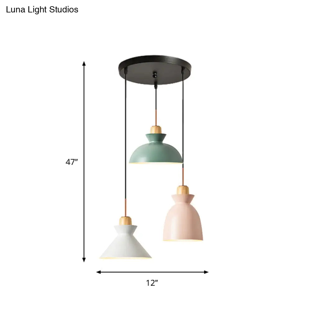 Macaron Round/Linear Metal Pendant Light With Shade - 3 Bulbs Pink/Black Hanging Lamp Fixture