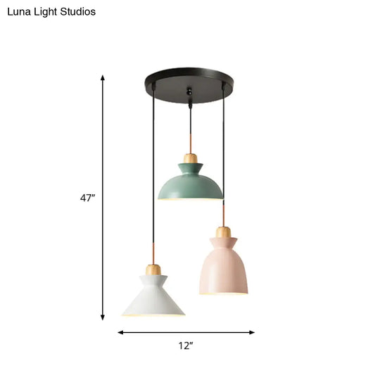 Macaron Round/Linear Metal Pendant Light With Shade - 3 Bulbs Pink/Black Hanging Lamp Fixture