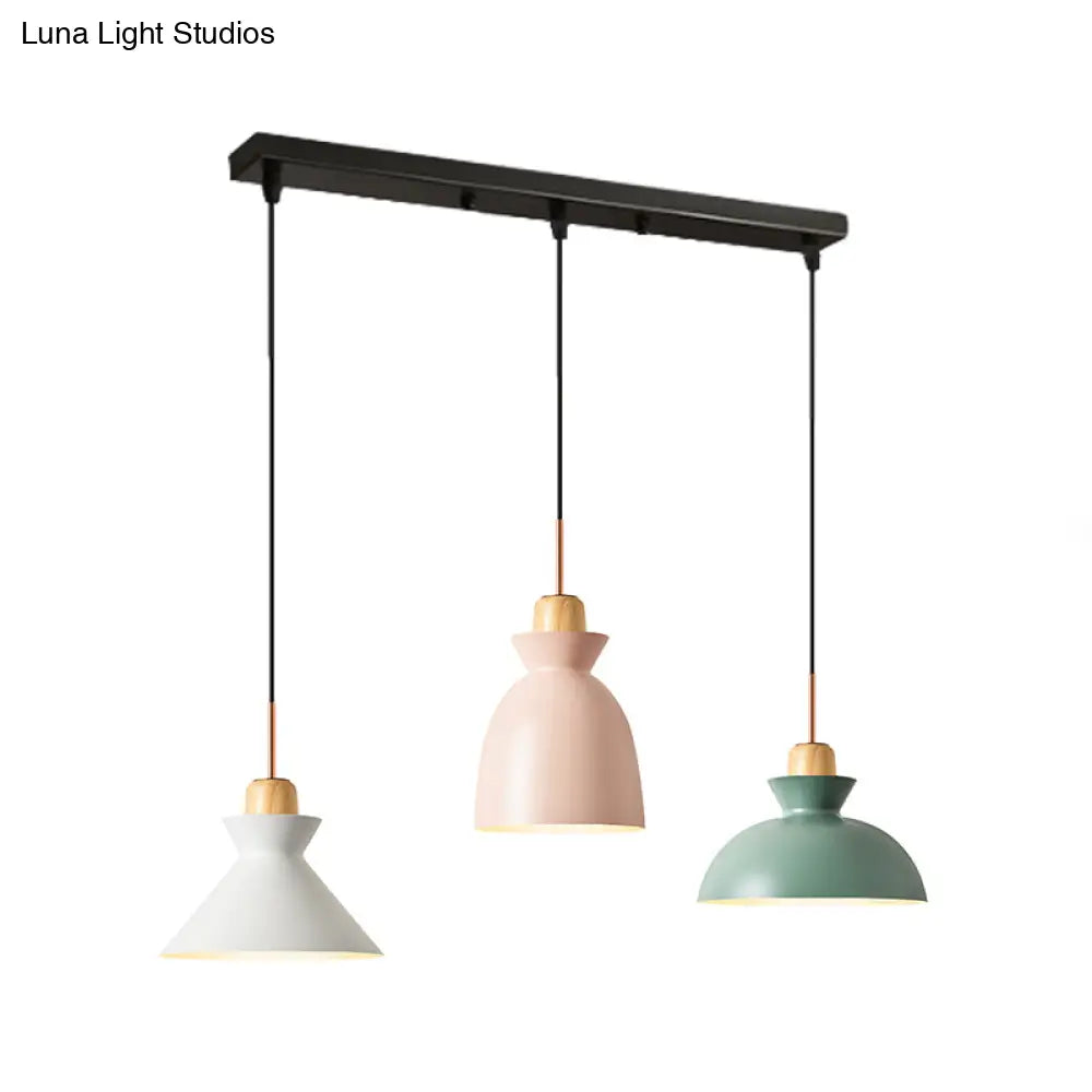 Macaron Round/Linear Metal Pendant Light With Shade - 3 Bulbs Pink/Black Hanging Lamp Fixture