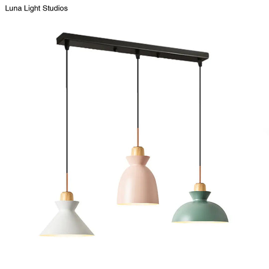 Macaron Round/Linear Metal Pendant Light With Shade - 3 Bulbs Pink/Black Hanging Lamp Fixture