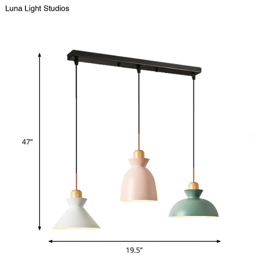 Macaron Round/Linear Metal Pendant Light With Shade - 3 Bulbs Pink/Black Hanging Lamp Fixture