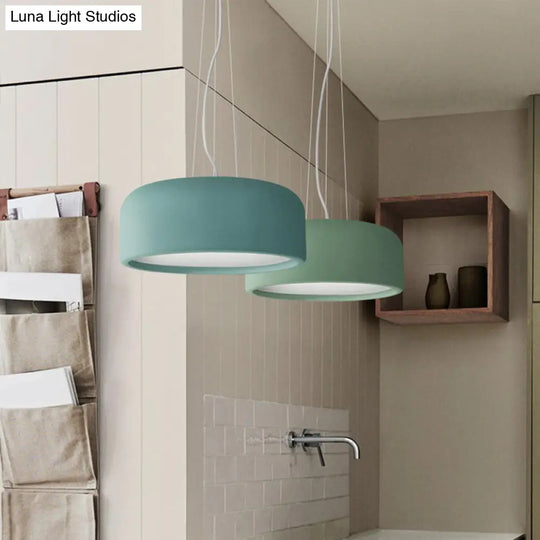 Macaron Single-Bulb Aluminum Pendant Lamp - Green/Textured White/Blue Hanging Ceiling Suspension For