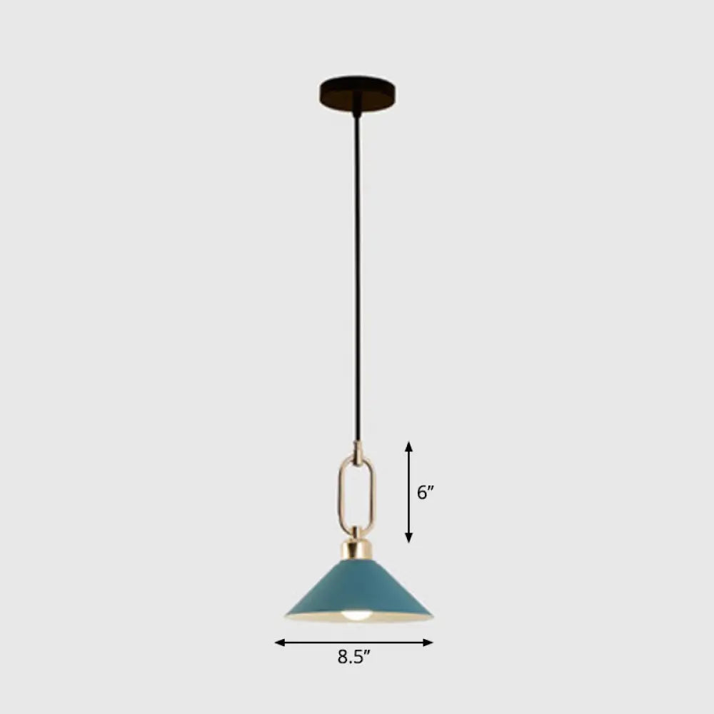 Macaron Single-Bulb Pendant Light With Conical Metal Shade And Oval Ring For Ceiling Blue