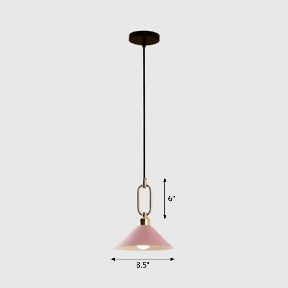 Macaron Single-Bulb Pendant Light With Conical Metal Shade And Oval Ring For Ceiling Pink