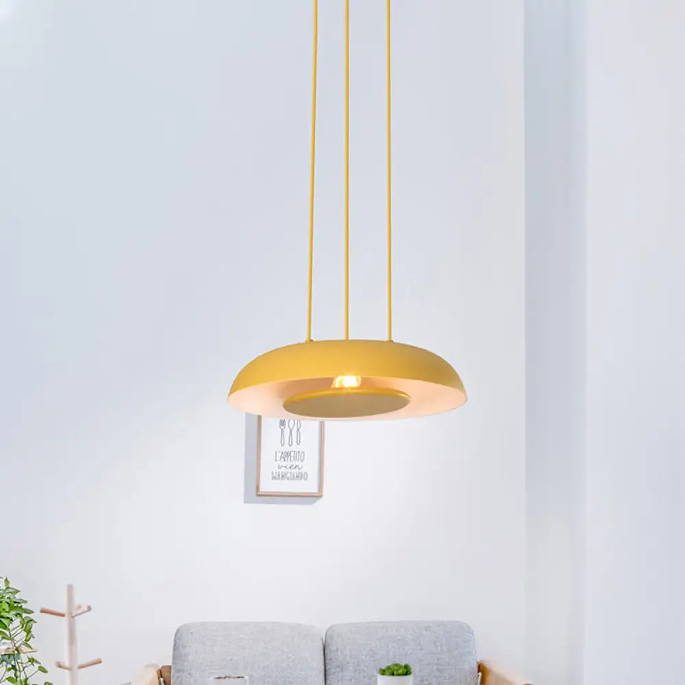 Macaron Single Iron Pendant Lamp With Disc Bottom - Pink/Blue/Green Yellow