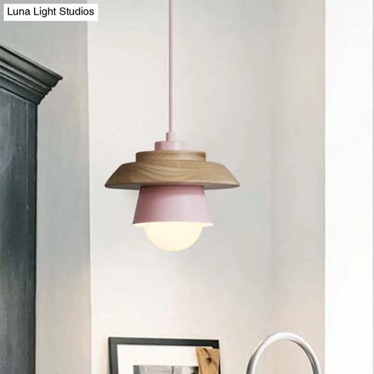 Macaron Single Pink/Grey/Green Wood Pendant Lamp Kit - 2-Shade Iron Hanging Fixture