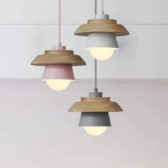 Macaron Single Pink/Grey/Green Wood Pendant Lamp Kit - 2-Shade Iron Hanging Fixture Pink