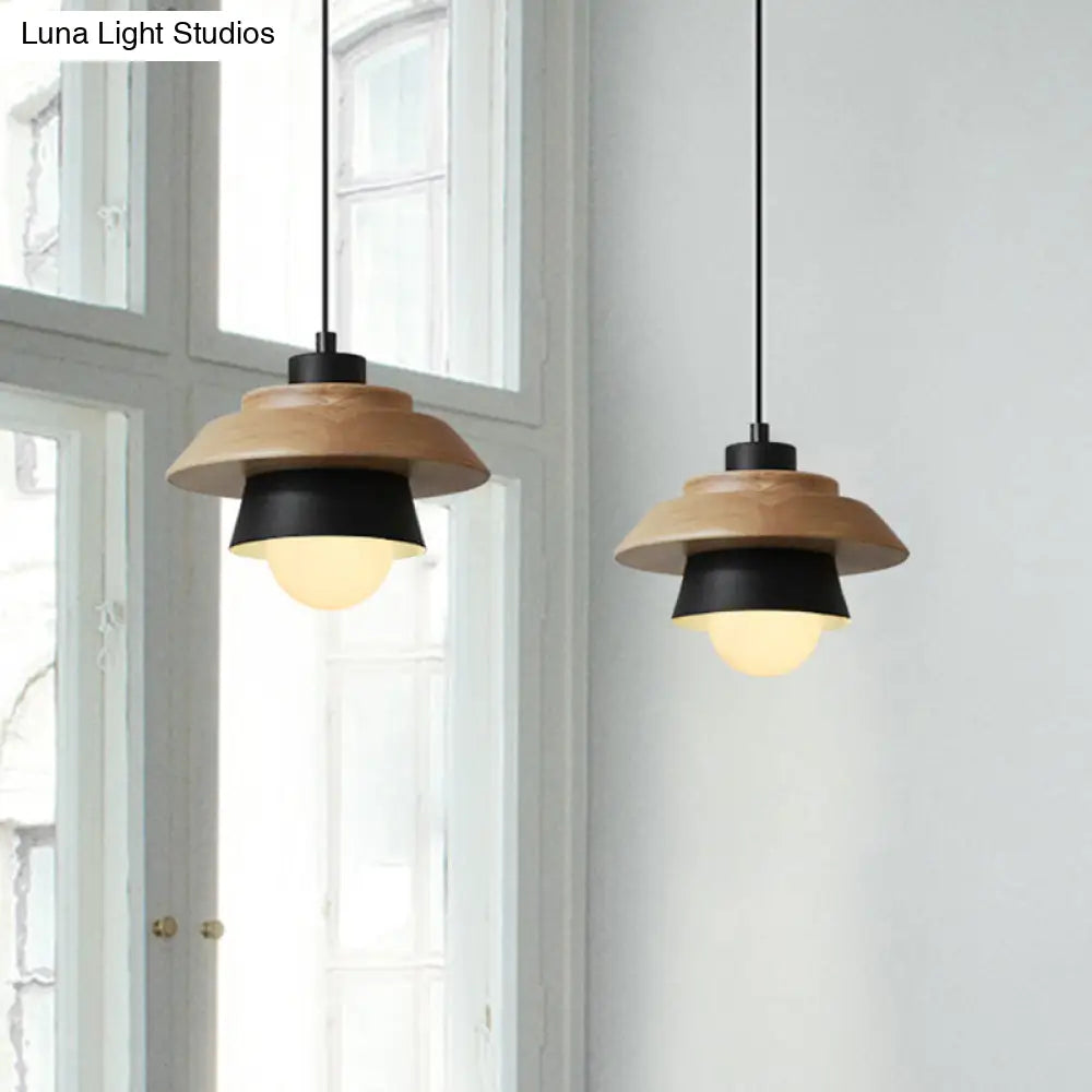 Macaron Single Pink/Grey/Green Wood Pendant Lamp Kit - 2-Shade Iron Hanging Fixture