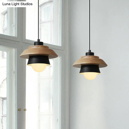 Macaron Single Pink/Grey/Green Wood Pendant Lamp Kit - 2-Shade Iron Hanging Fixture