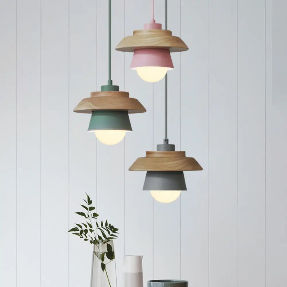 Macaron Single Pink/Grey/Green Wood Pendant Lamp Kit - 2-Shade Iron Hanging Fixture Grey