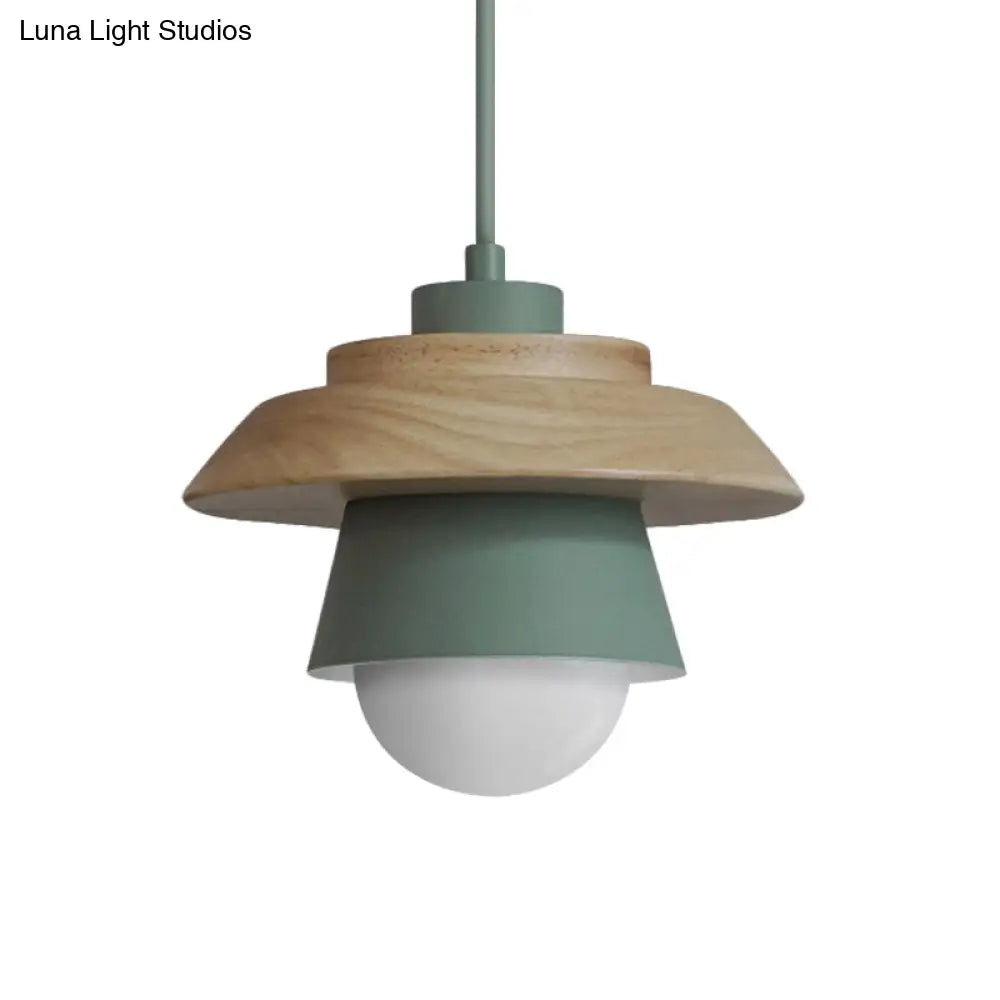 Macaron Single Pink/Grey/Green Wood Pendant Lamp Kit - 2-Shade Iron Hanging Fixture