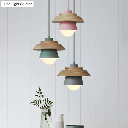 Macaron Single Pink/Grey/Green Wood Pendant Lamp Kit - 2-Shade Iron Hanging Fixture