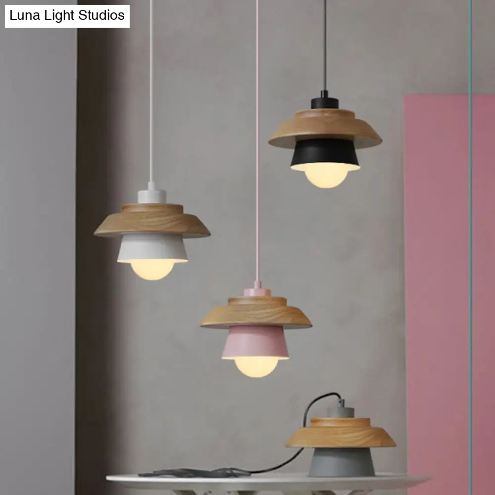 Macaron Single Pink/Grey/Green Wood Pendant Lamp Kit - 2-Shade Iron Hanging Fixture