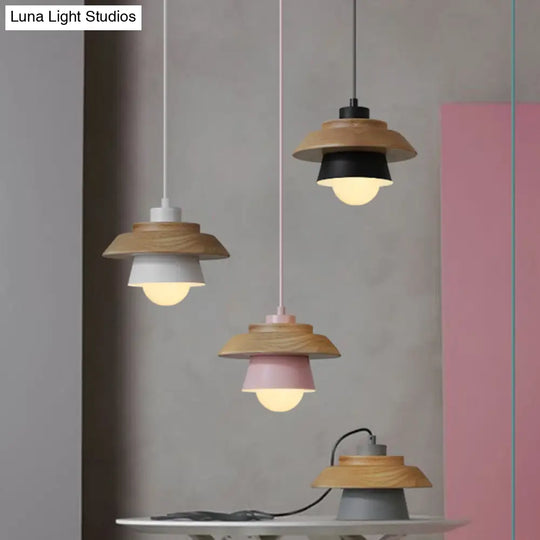 Macaron Single Pink/Grey/Green Wood Pendant Lamp Kit - 2-Shade Iron Hanging Fixture