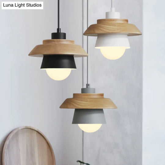 Macaron Single Pink/Grey/Green Wood Pendant Lamp Kit - 2-Shade Iron Hanging Fixture