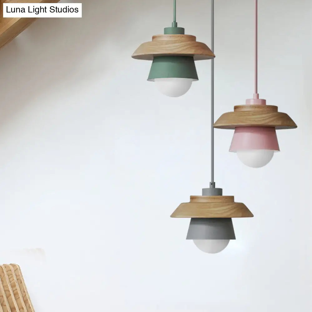 Macaron Single Pink/Grey/Green Wood Pendant Lamp Kit - 2-Shade Iron Hanging Fixture