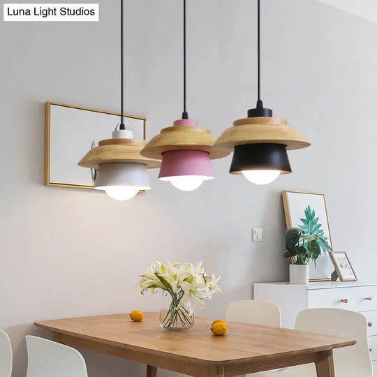 Macaron Single Pink/Grey/Green Wood Pendant Lamp Kit - 2-Shade Iron Hanging Fixture