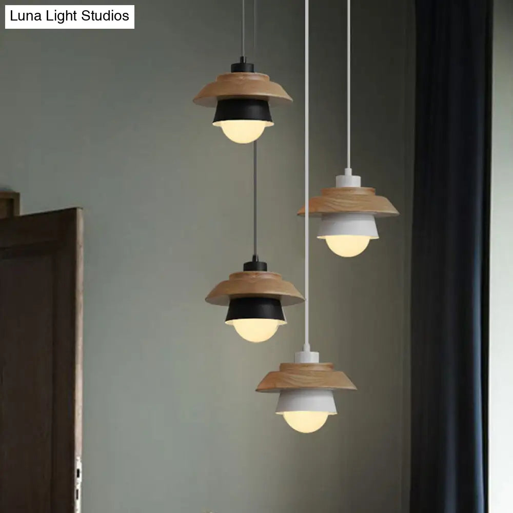 Macaron Single Pink/Grey/Green Wood Pendant Lamp Kit - 2-Shade Iron Hanging Fixture