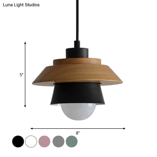 Macaron Single Pink/Grey/Green Wood Pendant Lamp Kit - 2-Shade Iron Hanging Fixture