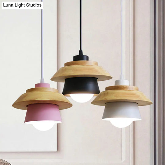 Macaron Single Pink/Grey/Green Wood Pendant Lamp Kit - 2-Shade Iron Hanging Fixture