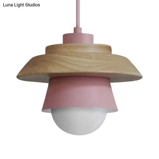 Macaron Single Pink/Grey/Green Wood Pendant Lamp Kit - 2-Shade Iron Hanging Fixture